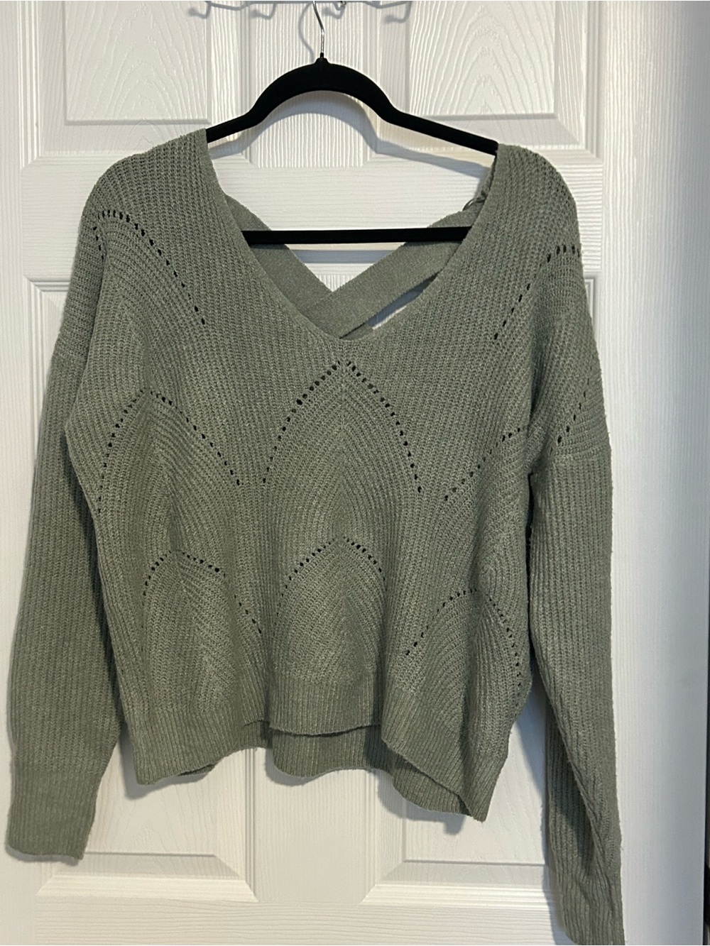 Women's Sage Green V-Neck Pointelle Sweater